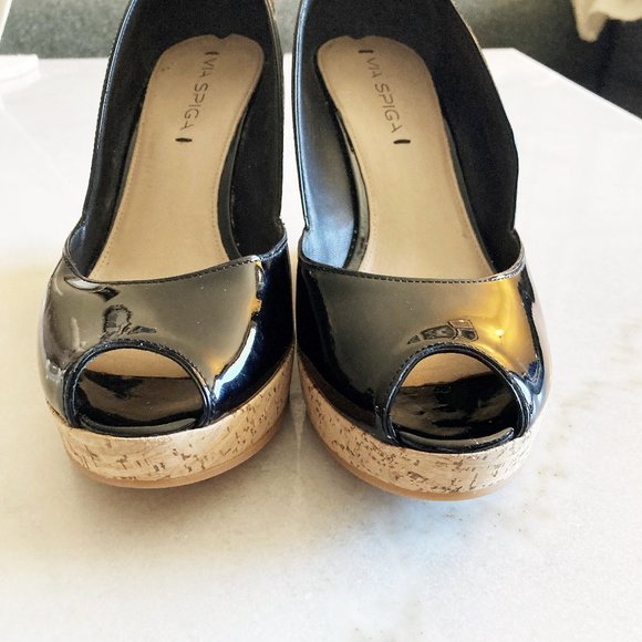 New! Via Spiga black patent leather & tan cork open toe wedges / sandals / shoes - Picture 8 of 9